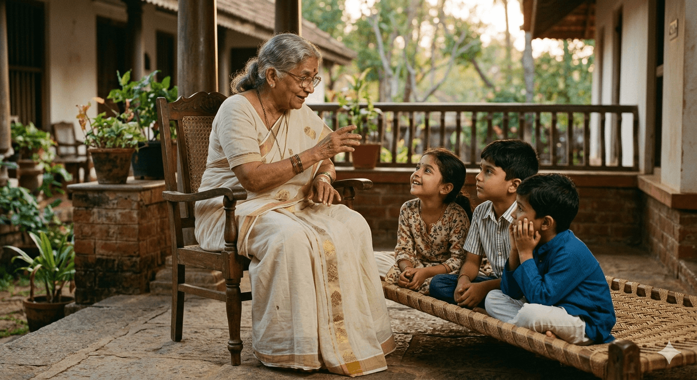 A grandmother telling stories to her grandchildren on a sunlit veranda
