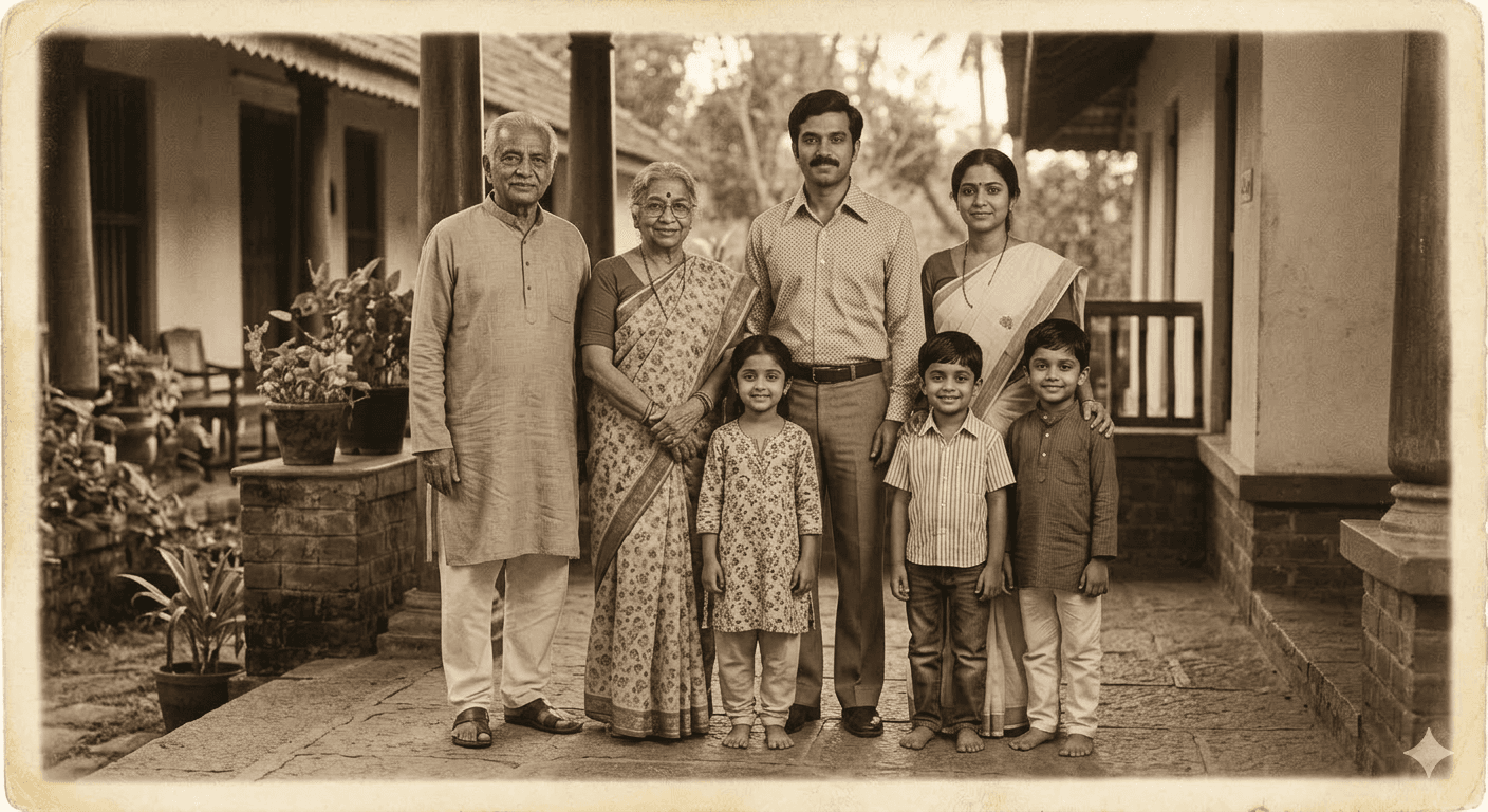 A vintage sepia photograph of a South Asian joint family standing together outside their home